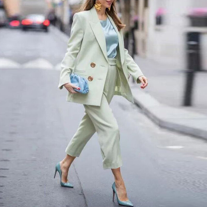 VONDA 2022 Setelan Celana Panjang Fashion Wanita Kerah Berkancing Dua Baris Solid Blus Panjang Ukuran Besar Set Celana Pinggang Tinggi dengan Sabuk