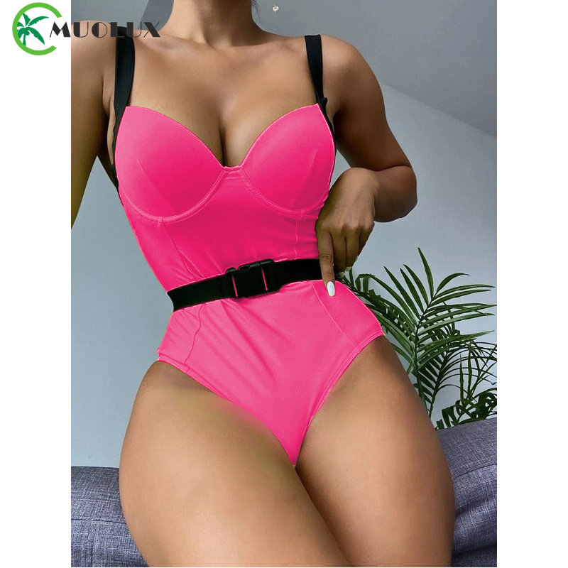 Rose Red Push Up One Piece Swimsuit Women 2022 New Underwire Bodysuit Sexy Swimwear Solid Bathing Suit Maillot De Bain Femme