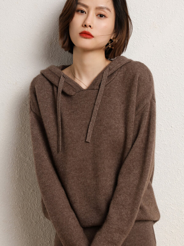 Autumn Winter Hooded Cashmere Sweater Female Pullover Loose 100% Pure Wool Hoodie Languid Lazy Wind Knitting Base Hoodie