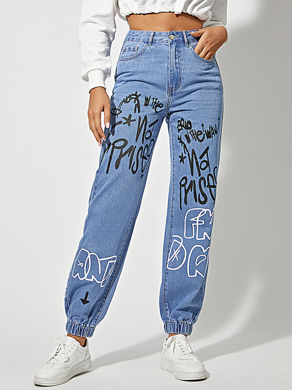 Новые женские джинсы с графическим принтом Y2K, модные облегающие спортивные брюки с надписью, женские джинсовые брюки с высокой талией для б...