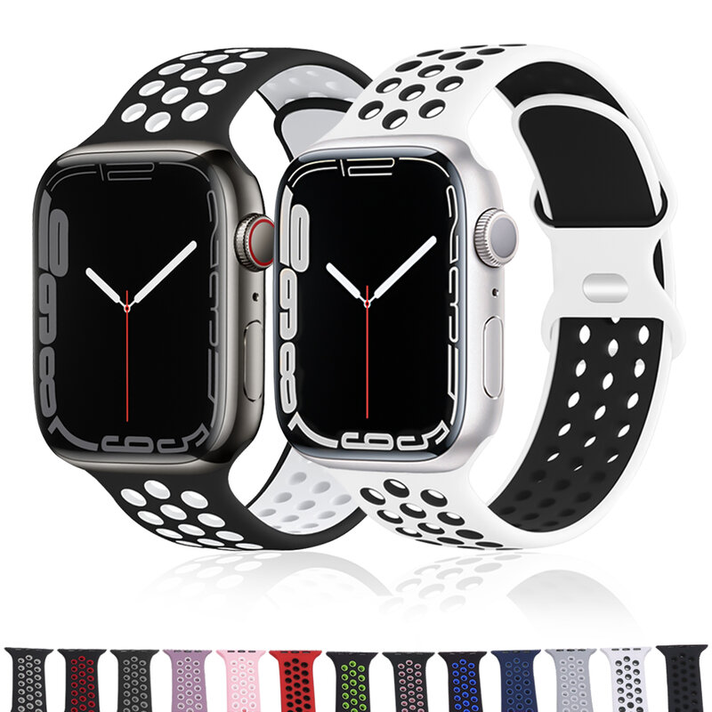 สายซิลิโคนสำหรับ Apple นาฬิกา45มม.40มม.42มม.38มม.44มม.41มม.Breathable สร้อยข้อมือ Apple 7 6 543สาย IWat