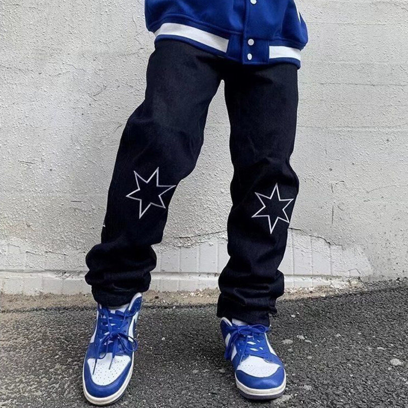 Retro Street Jeans uomo Hip-hop Trend pantaloni femminili larghi pantaloni dritti stampa lettera pantaloni a gamba larga abbigliamento Casual a vita alta