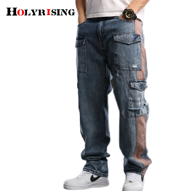 Holyrising-pantalones vaqueros de talla grande para hombre, Vaqueros holgados con bolsillos grandes, monopatín Hip-Hop, informales, color azul, NZ119, 2022