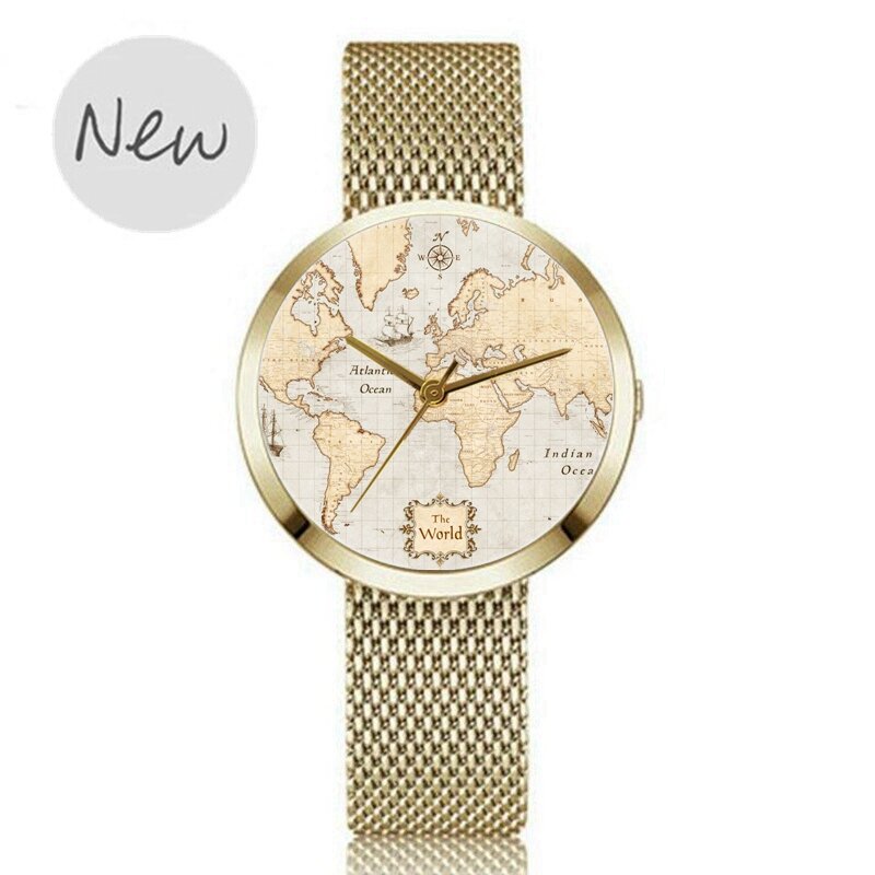 Nova malha de ouro completo relógio de pulso de quartzo das mulheres mapa do mundo presente das senhoras