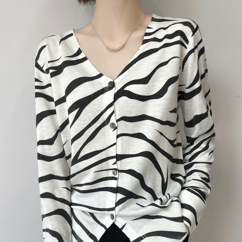 Frühling Und Herbst Dünne Damen Wolle Strickjacke Zebra V-ausschnitt Lose Beiläufige Vielseitig einreiher Gestrickte Koreanische Mode Pullover