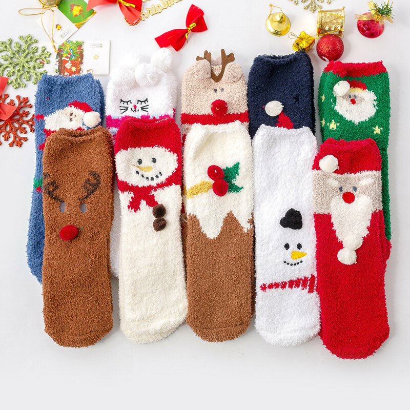 Cute Animal Design Deer Christmas socks Gift 3D Fluffy Coral Velvet Thick Warm Winter Sock For Women new Year gift Sox with Box