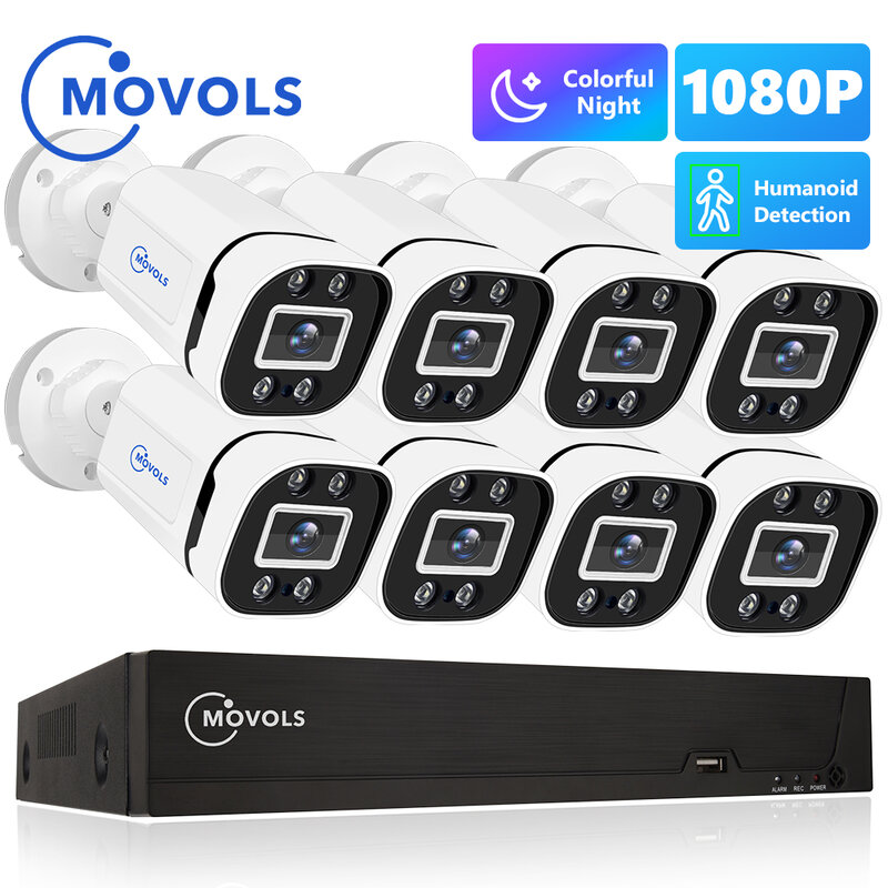 Movols 2MP AI 다채로운 밤 비전 CCTV 키트 H.265 + 방수 비디오 감시 시스템 8CH DVR 8PCS/4PCS 보안 카메라 세트