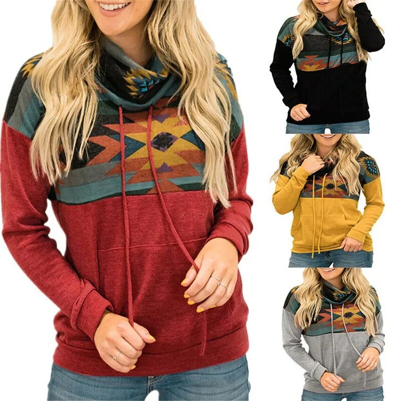 Sudadera con capucha para mujer, suéter con cuello de botón y cordón, estilo étnico Vintage, con costuras estampadas, ropa de otoño