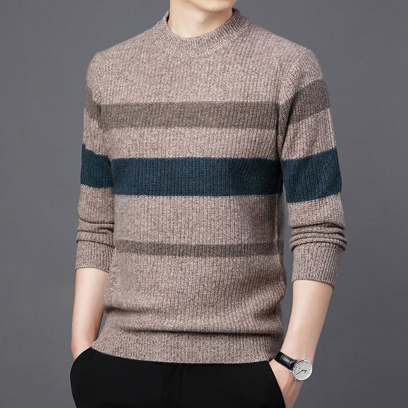 남성 풀오버 100% 순수 울 겨울 두꺼운 라운드 넥 스트라이프 한국 스타일, 레저 따뜻한 스웨터