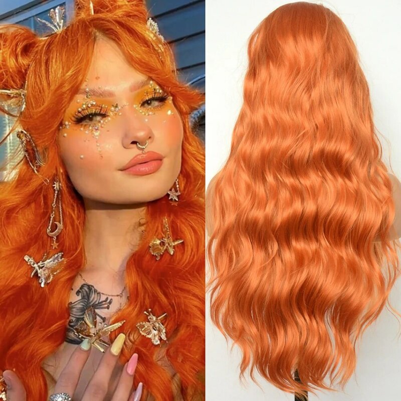 Vogue Beauty-peruca encaracolada laranja para mulheres, frente de renda sintética, peruca solta encaracolada, fibra resistente ao calor, linha fina natural, cosplay