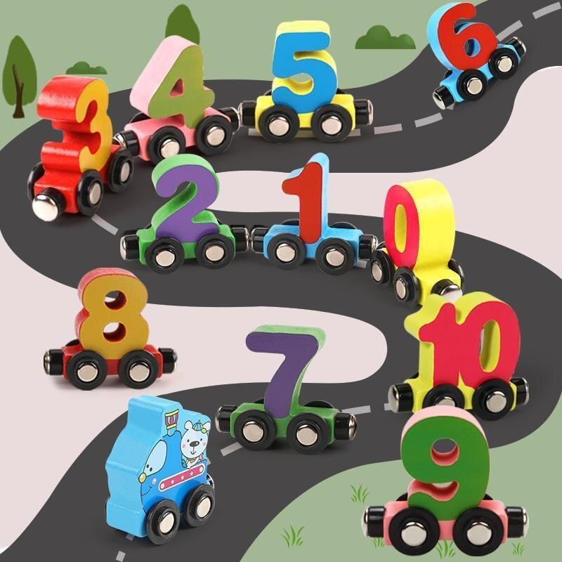 Wooden magnetic digital train three-year-old children boys and girls wooden letters assembled drag building blocks toy car