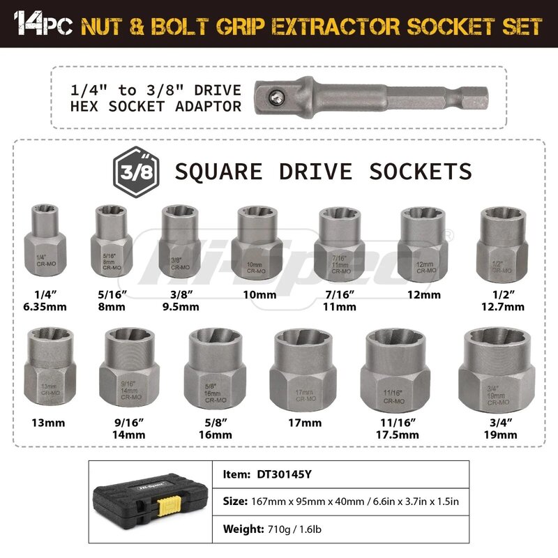 Hi-Spec 14pc  Impact Bolt Nut Remover Set, Extraction Socket Set, Bolt Extractor Tool Set for Removing Damaged Bolts Nuts Screws