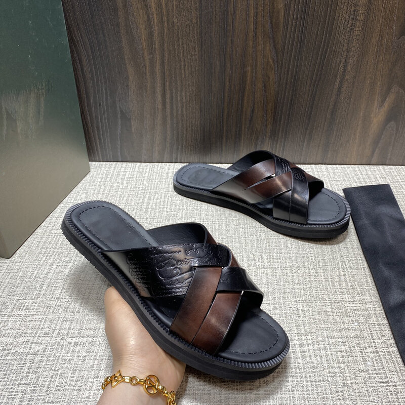 On the new flip-flops, there are Sifnos Sritto patterned leather sandals with woven finishes designer slippers men