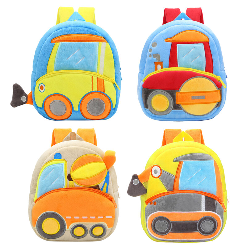 Children 3D Plush Engineering Car Backpack Girls Soft Warm Fluffy Zipper Kindergarten Shoulder Bag