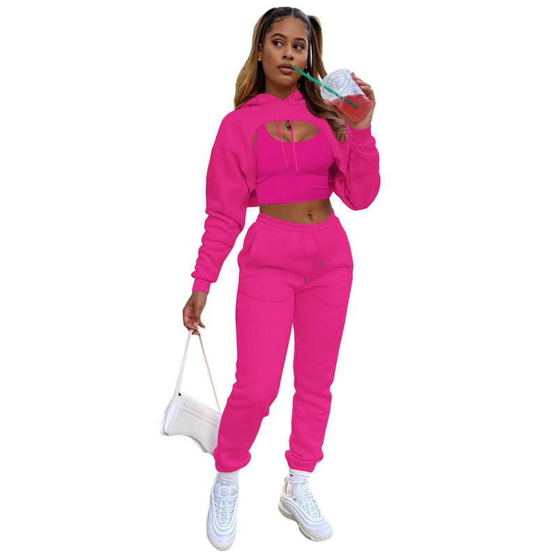Outono Inverno 3 Pcs/Set Mulheres Tricô Velo Manga Longa Pullover Crop Top Hoodie + Tanques + Jogger Calças Solid Outfit Sport Suit