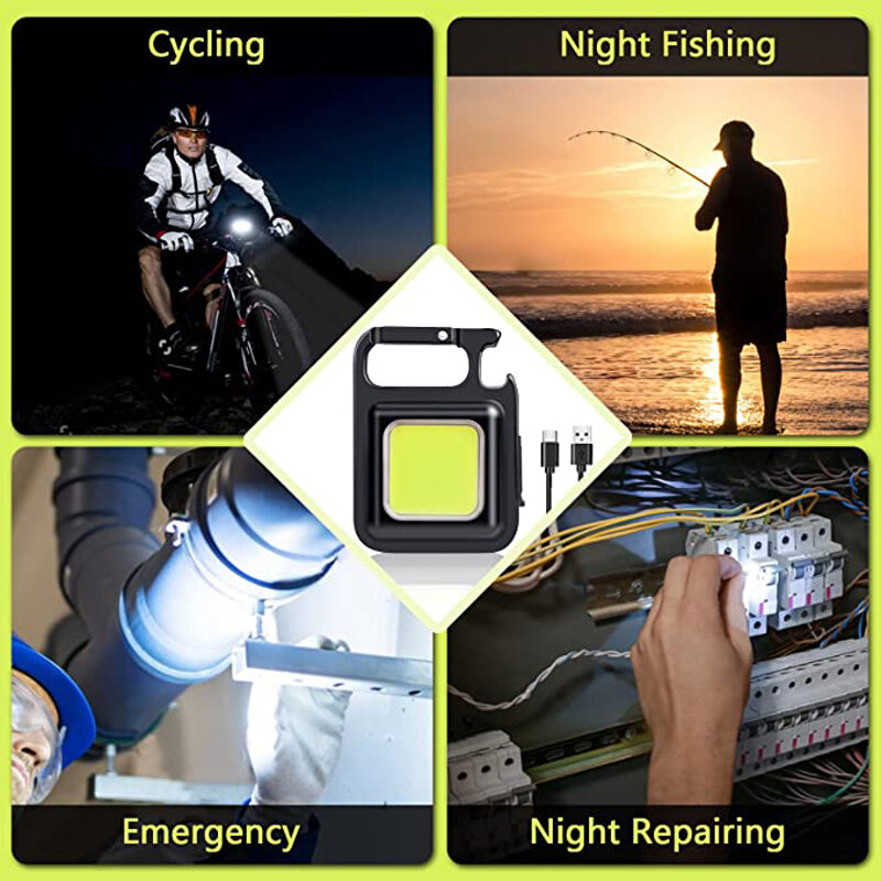 Mini luz LED de trabajo portátil, linterna de bolsillo recargable por USB, linterna para llave, Camping, senderismo, pesca