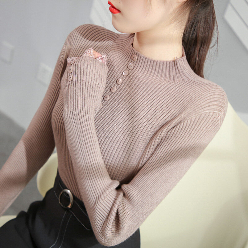 2022 New Pullover Sweaters Women's Slim Autumn Winter Half Turtleneck Button Stretch Lace Sleeve Tight Knit Sweater Bottoming
