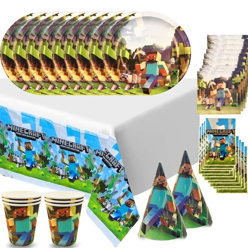 Mijnbouw Crafting Pixel Game Feestartikelen Kids Verjaardagsfeestje Wegwerp Servies Set Papieren Borden Cups Baby Shower Decoraties