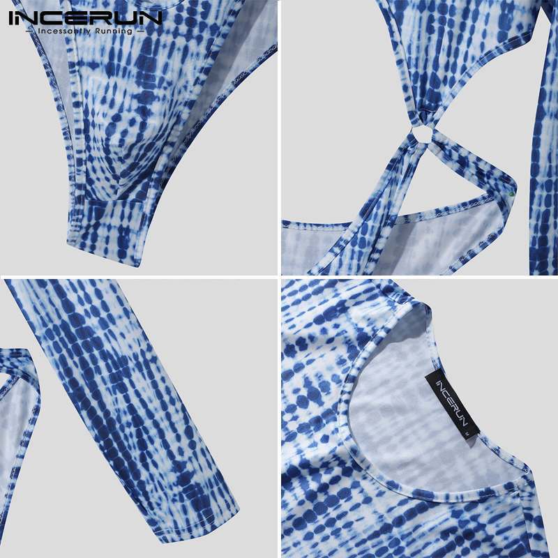 INCERUN 편안한 Homewear 새로운 남성 인쇄 중공업 Onesies 패션 남성 긴 소매 라운드 넥 삼각형 바디 슈트 S-5XL