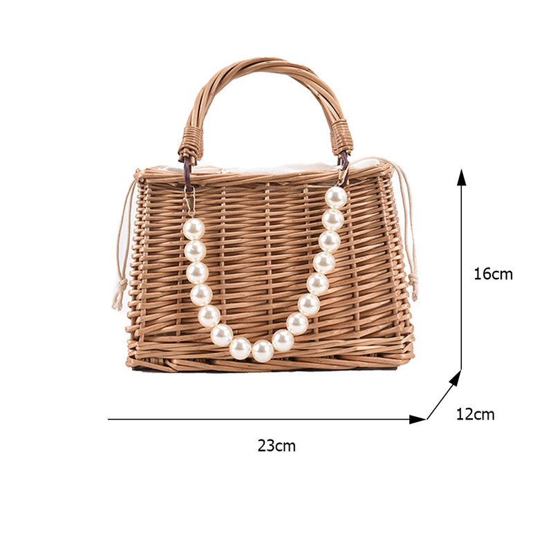 Women Rattan Woven Tote Bag Vintage Pure Color Lunch Bags Ladies Summer Beach Vacation Pearl Top-handle Small Basket Handbags