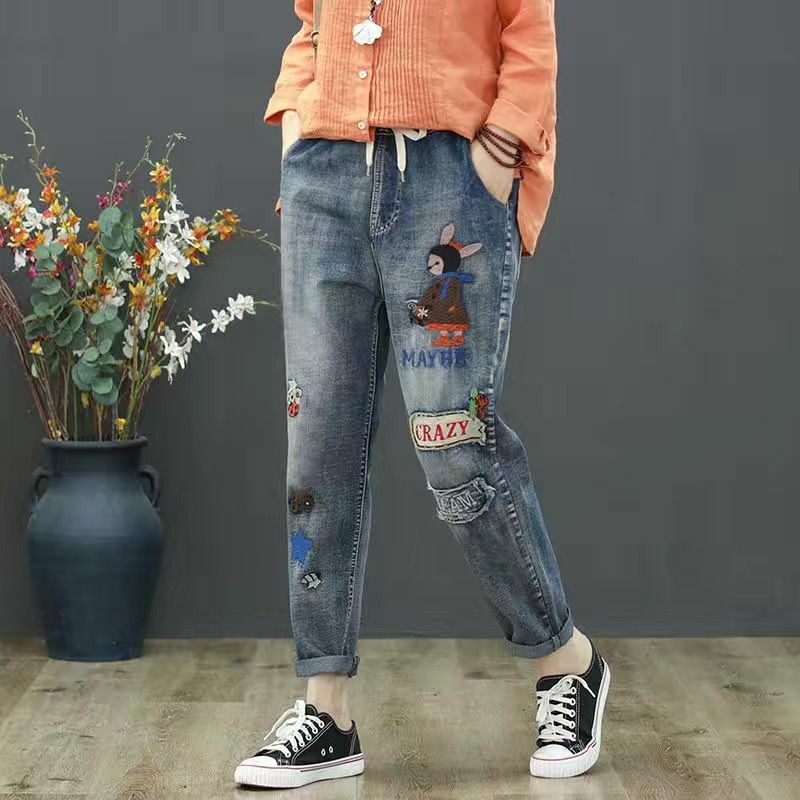 Calças jeans bordadas para mulheres, jeans harém, calças emendadas até o tornozelo, calças largas vintage, rua coreana Baggy, Y2k, grandes dimensões, 5XL, novo