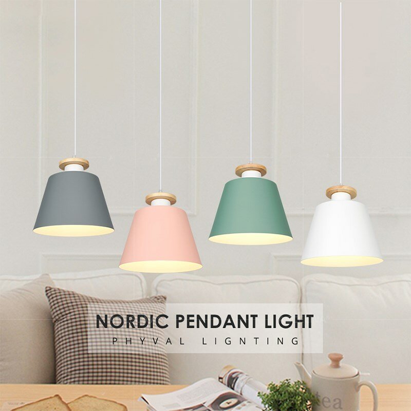 Nordic Wooden Pendant Light Macaron Iron Dining Room Hanging Lamp ...