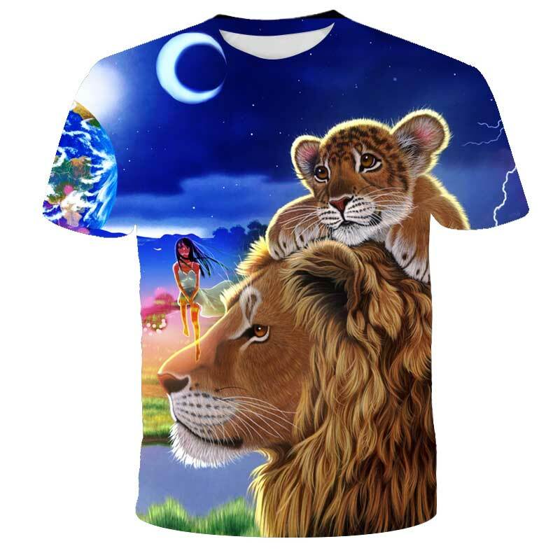 Camisetas 3D de animales, León, Tigre, informales, a la moda, de manga corta, con estampado de dibujos animados para niños y niñas
