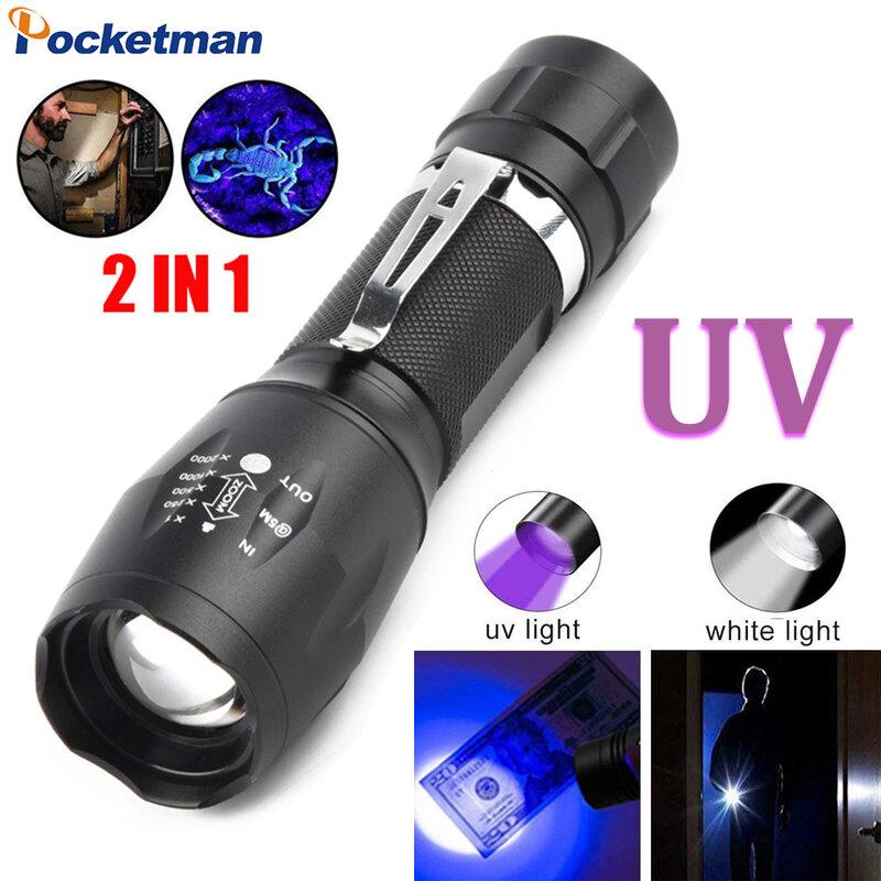 Multi-functional 2 in 1 LED UV Flashlight 4 Modes Waterproof Telescopic Zoom Torch Outdoor Camping Power by AAA or 18650 Battery