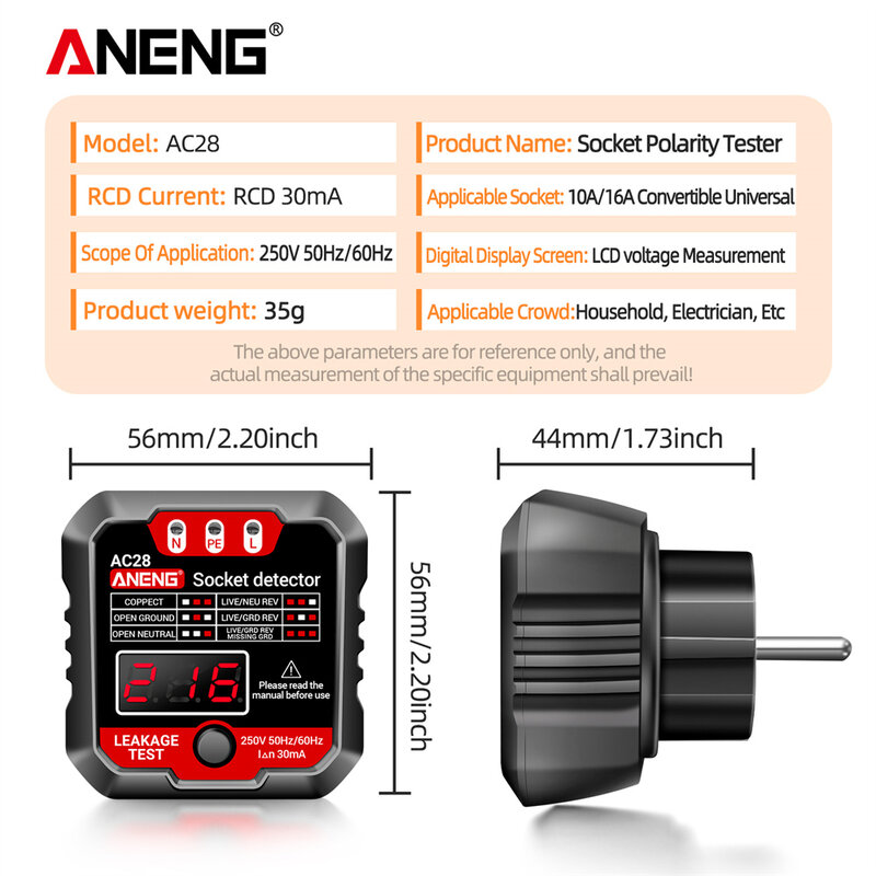 ANENG AC28 Digital Socket Power Tester 250V 50Hz/60Hz Socket Polarity Detector Voltage Tester Circuit Breaker Finder EU/US Plug