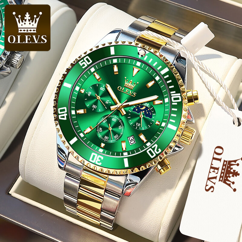 OLEVS Multifunctional Three-eye Quartz Watches for Men Stainless Steel Strap Fashion Waterproof Men Wristwatches Luminous