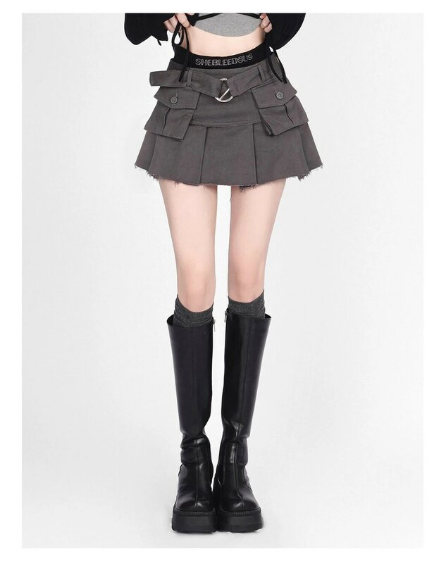 Long legs secret high waist waist fake two overalls pleated skirt denim skirt spring new American spice skirt thin