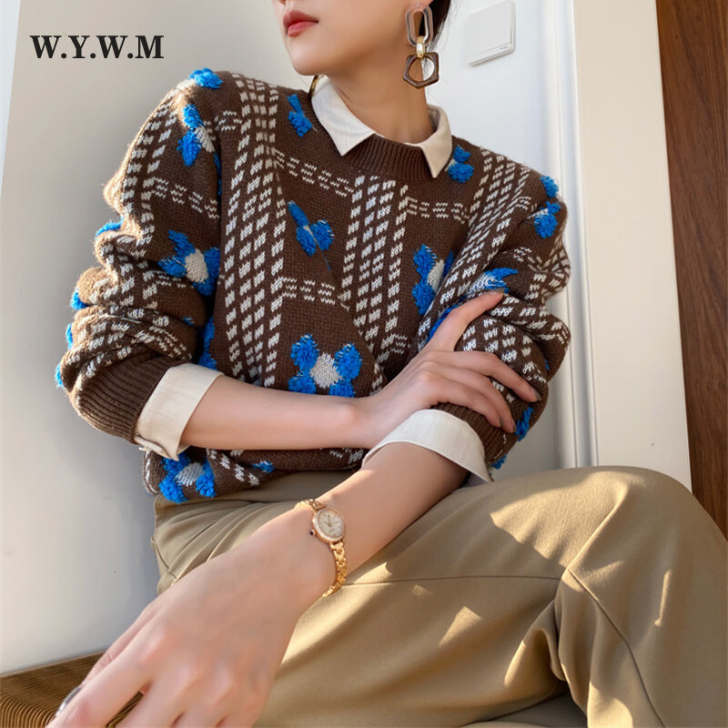 Pulôver bordado floral na moda do inverno de wywm camisola feminina solta o pescoço manga longa malhas lazer feminino all-match jumpers