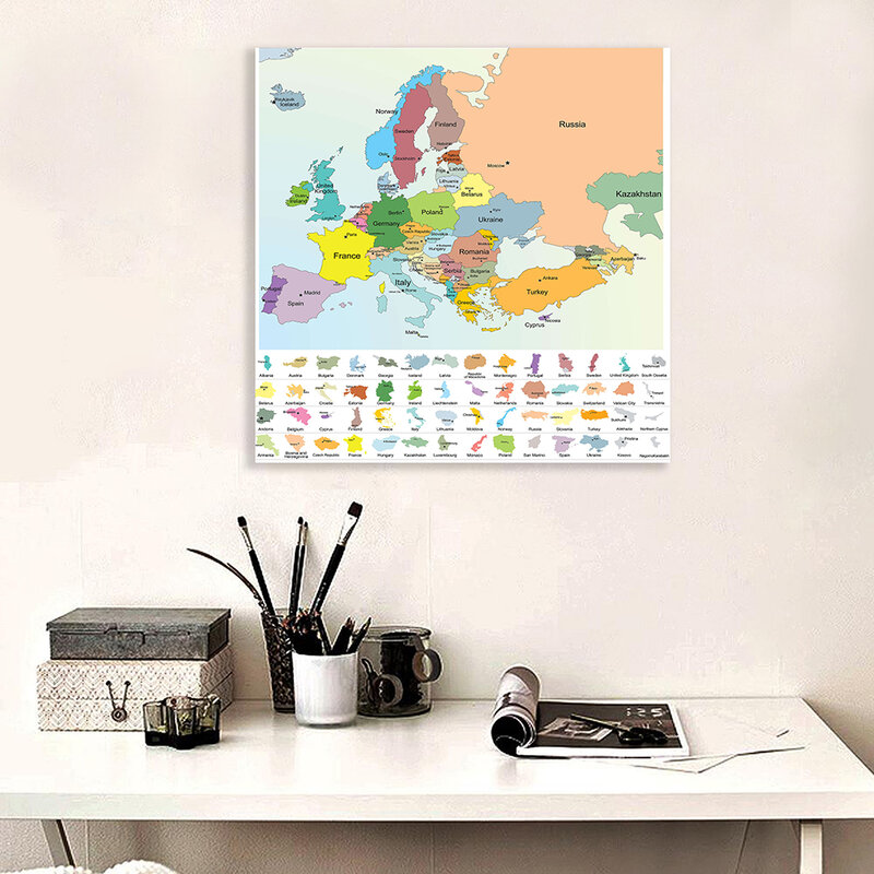 90*90cm Political Map of The Europe Non-woven Canvas Painting Vinyl Print Wall Poster Classroom Home Decoration School Supplies