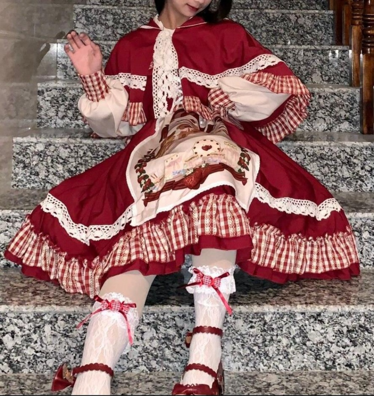Robe Lolita à manches longues pour femmes, tenue de fête, cape rouge, dessin animé, pour noël, nouvel an