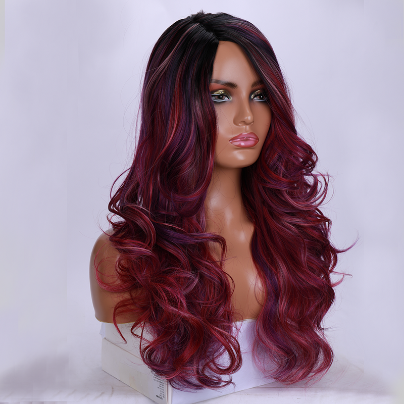 Парик женский синтетический длинный, для косплея, с натуральными фиолетовыми волнами, с частичными волосами, красный