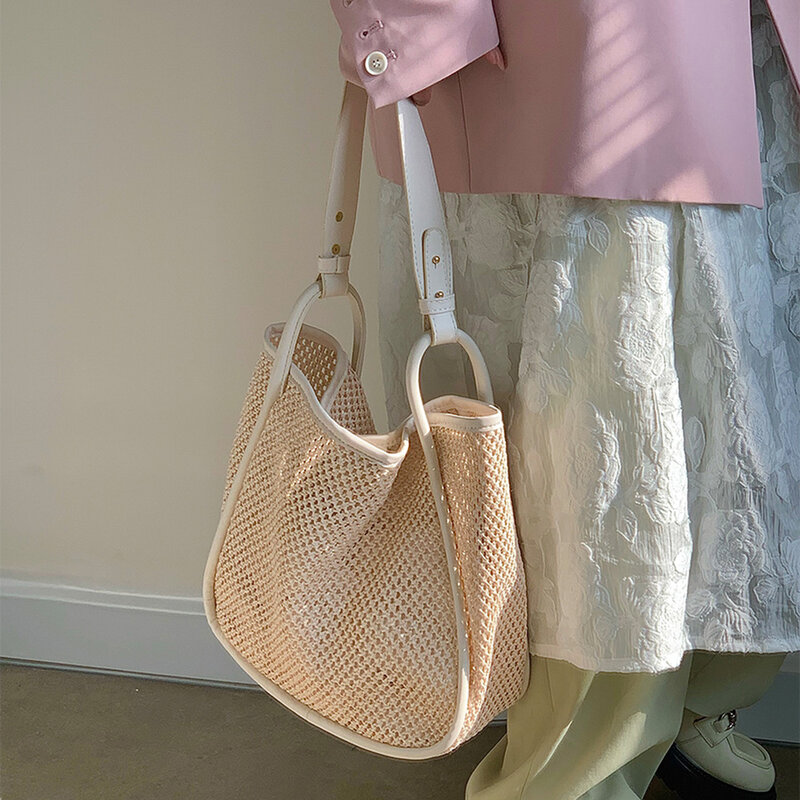 패션 여름 짠 Crossbody 메신저 탑 핸들 가방 짚 메쉬 여성 소녀 광장 지갑에 대 한 큰 핸드백
