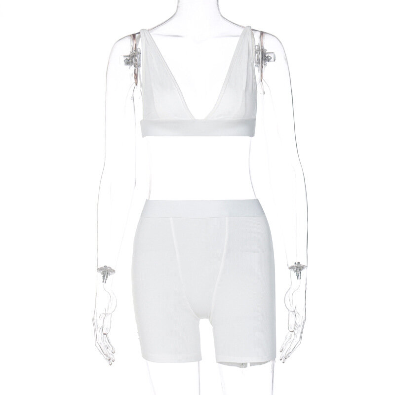 Комплект женский из двух предметов, белый короткий топ с V-образным вырезом и оборками, с эластичной резинкой на талии, прямые шорты