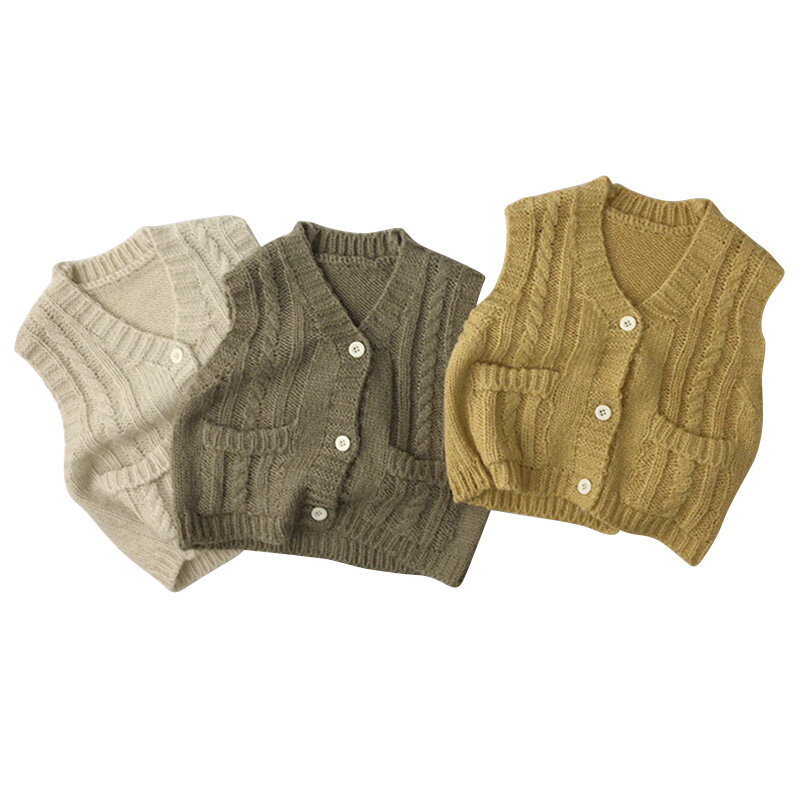 2022 New V-Neck Baby Knit Vest Solid Color Kids Sleeveless Knitted Tops Boys Sweater Infant Knit Cardigan Autumn Girls Coat