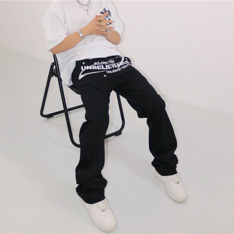 Hip hop letras branco americano jeans de rua alta tendência da moda masculina solto casual reta solta calças largas perna