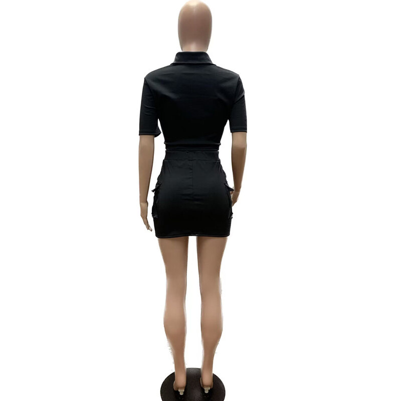 Koszulka z krótkim rękawkiem i kieszeń boczna spódnica trzy czwarte garnitur 2023 INS sukienka zestaw moda styl Safari kobiety dwa 2 sztuka zestaw stroje