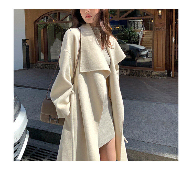Large Lapel Wool Blends Coat Women's Double-sided Woolen Winter Atmosphere Sense Mid-length Clothing Coats Jackets Jasmine White
