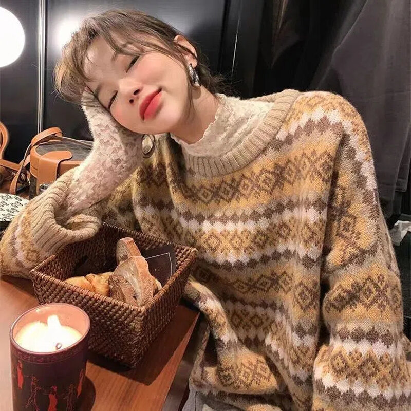 MEXZT Sweter Longgar Geometris Harajuku Wanita Pullover Mode Musim Gugur Musim Dingin Angin Malas Leher-o Lengan Panjang Atasan Y2k Korea Baru