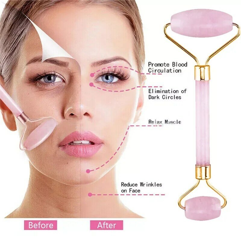 2pcs Rose Quartz Roller Slimming Face Massager Lifting Tool Natural Jade Facial Massage Roller Stone Skin Massage Face Care Set
