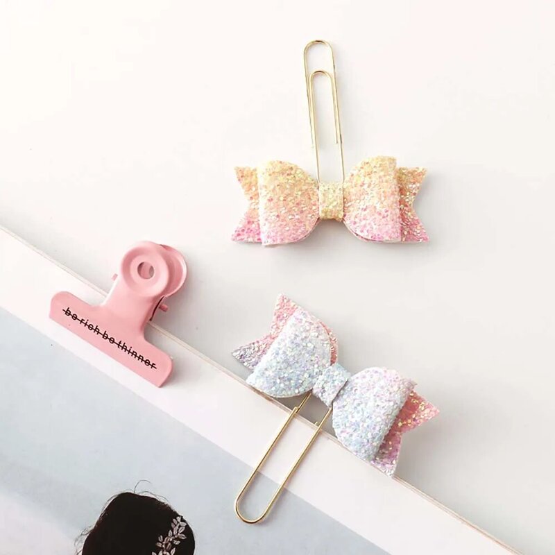 4Pcs/lot Cartoon Rainbow Bow Shape Paper Clips Kawaii Bookmarks Binder Clips Photos Tickets Notes Letter Paper Clip Stationery