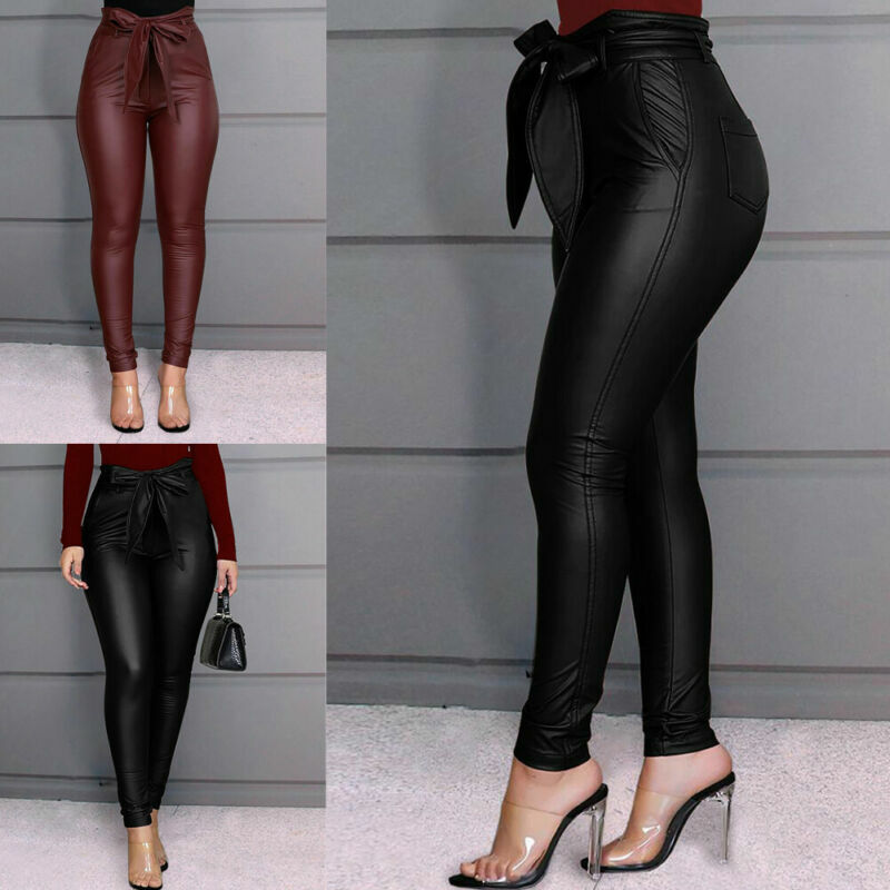 Pantalon crayon taille haute en Faux cuir PU pour femmes, ceinture longue décontractée, Sexy, à la mode, nouvelle collection 2022