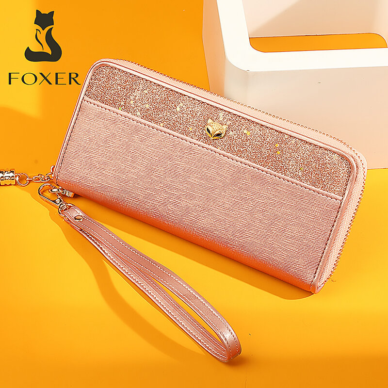FOXER Women's Glitter Cowhide Leather Long Wallets with Wristle Luxury Female Purse Lady Clutch Cellphone bag fit Iphone 8 Plus