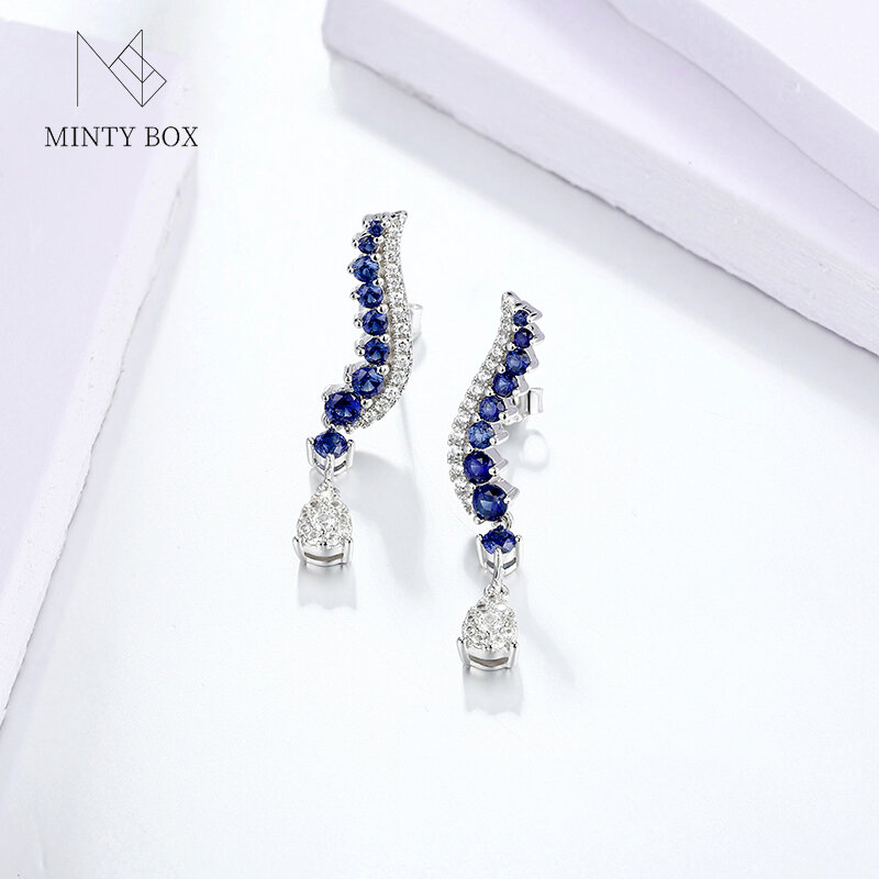 Mintybox 블루 사파이어 스털링 실버 귀걸이 클래식 S925 여성을 위한 사파이어 웨딩 약혼 보석, 최고 품질