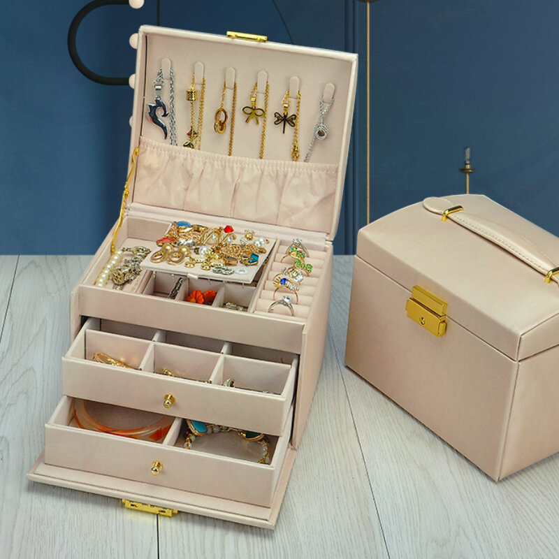 Grande capacidade caixas de jóias com bloqueio de couro três camadas jóias organizador caixa colar brincos titular caixa de armazenamento