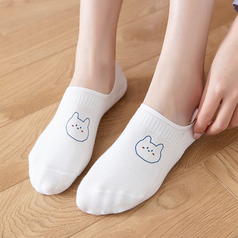 3 Pair/pack Socks Women Cotton Socks Summer Thin White Cartoon Panda Boat Sock Japanese Style Cute Silicone Non Slip Heel Socks