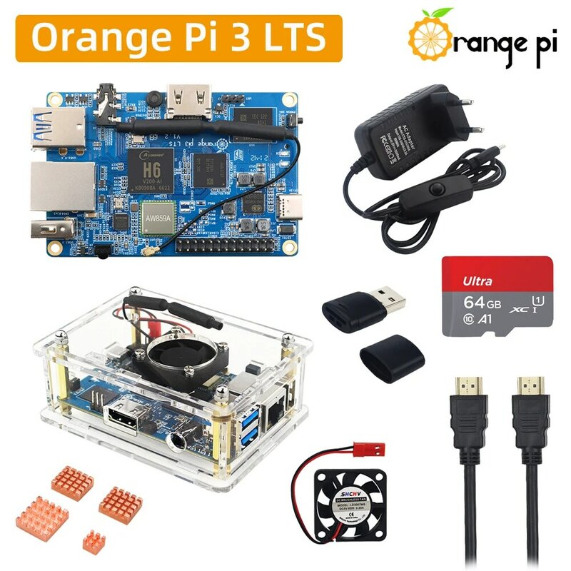 Orange Pi 3 LTS H6 64Bit 8GB EMMC 2G RAM WiFi BT 5.0 옵션 케이스 전원 방열판 팬, HDMI 호환 케이블 TF 카드 OPI 3LTS